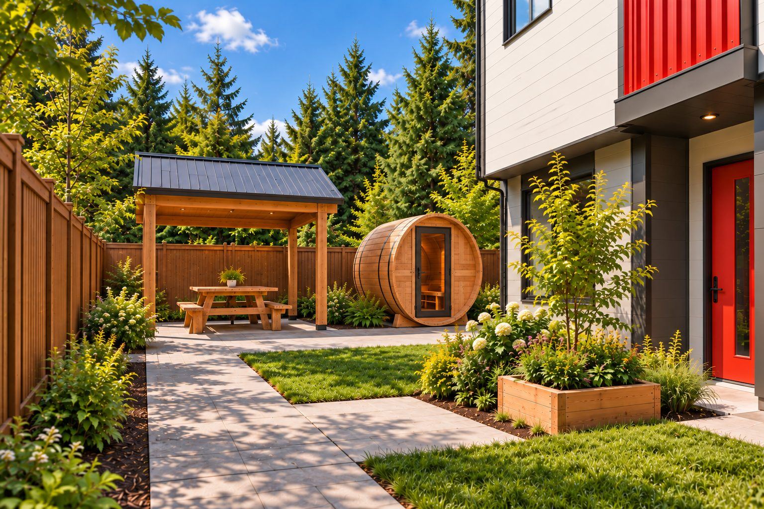 Rendering of the Cedar Grove amenity area with a covered gathering space and barrel sauna