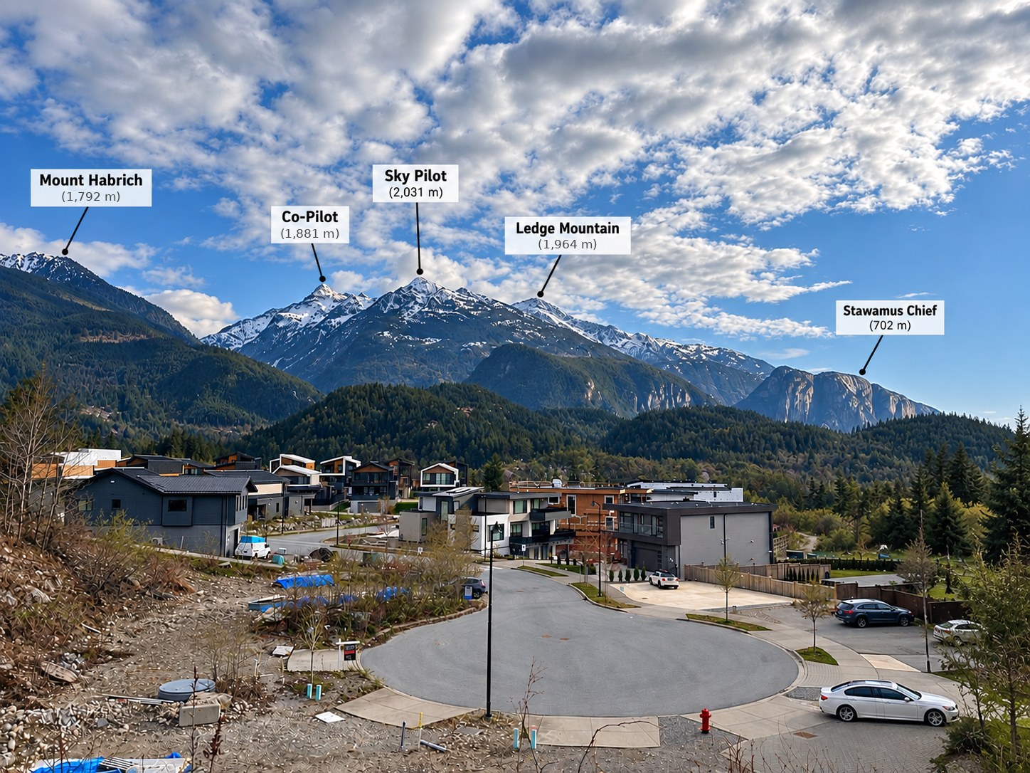 The view from Snowberry Place to Mount Habrich, Co-Pilot, Sky Pilot, Ledge Mountain and the Stawamus Chief