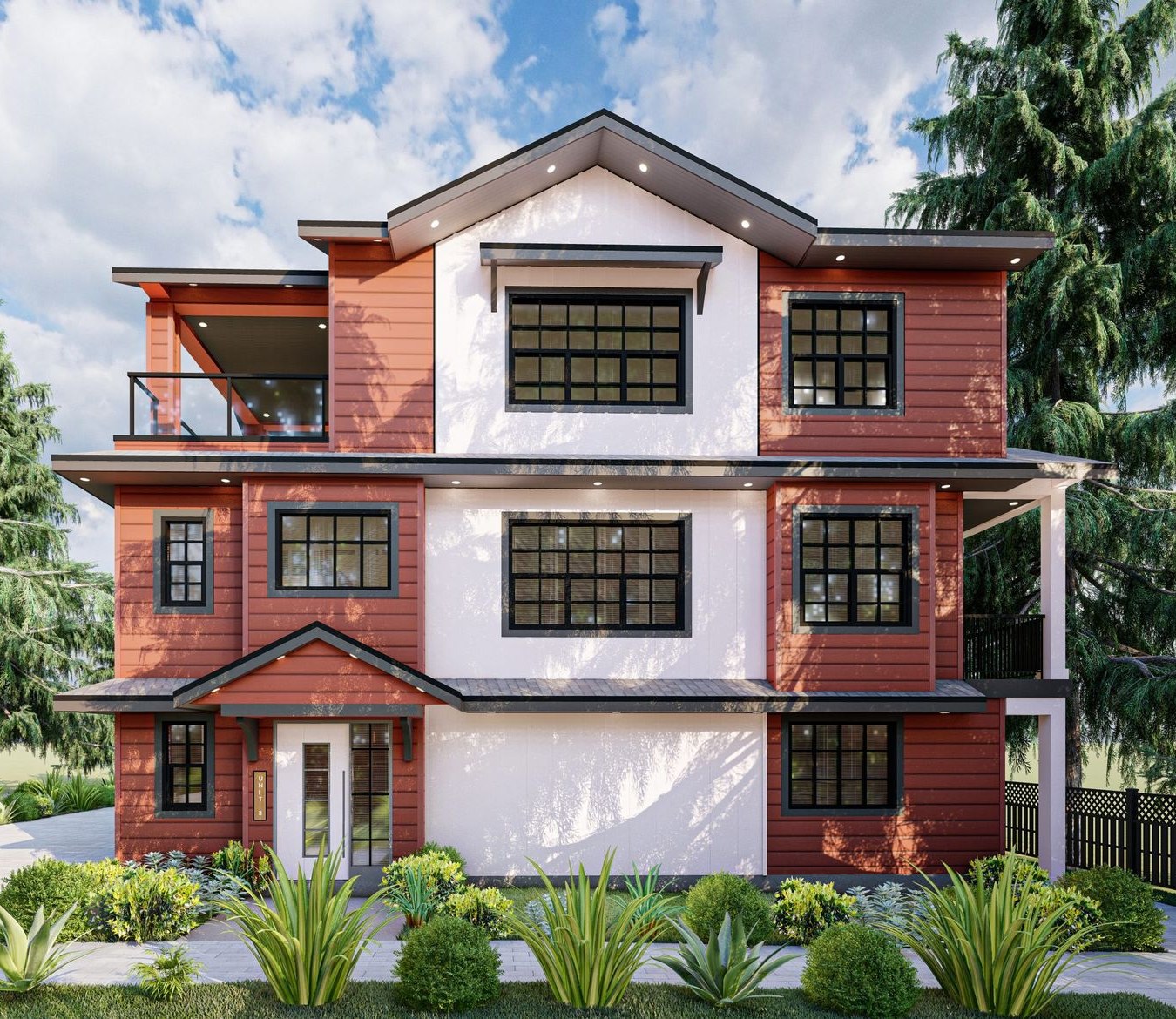 Rendering of The Heartwood entry framed by mature trees